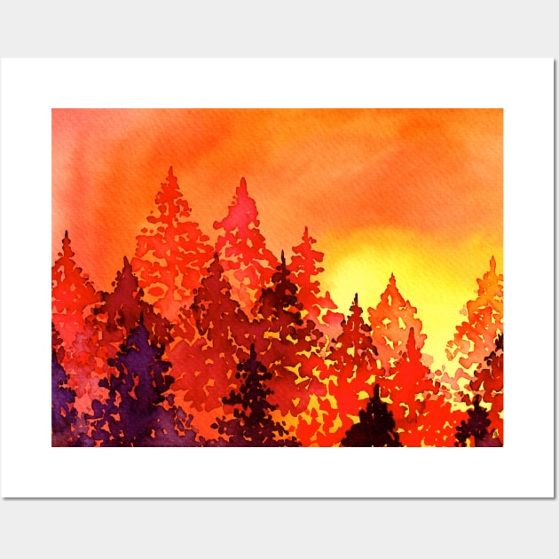Vivid Sunset Watercolor Trees Wall Art by KelseyLovelle